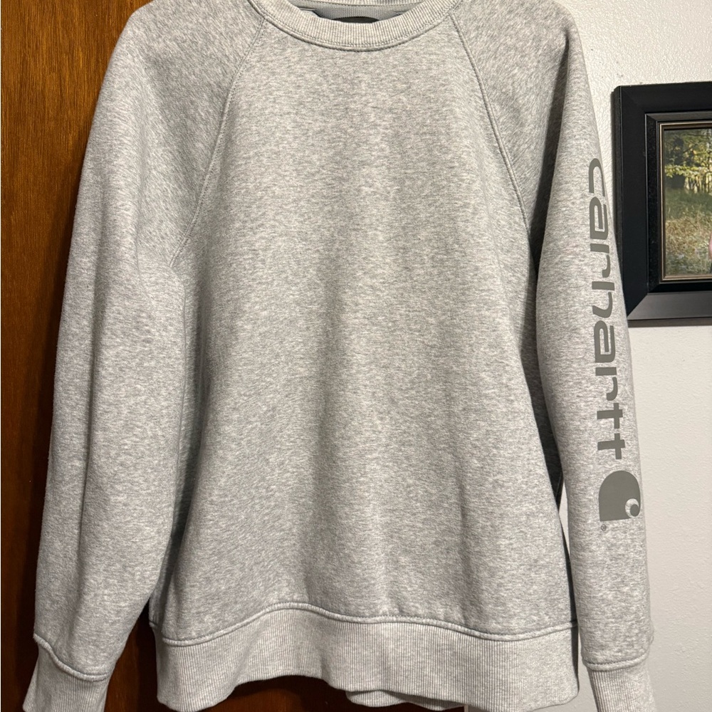 Carhartt women’s Light Gray Crewneck Sweatshirt with Sleeve Logo